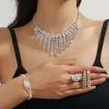 Sparkling silver rhinestone jewelry set including fringe necklace, bracelet, and ring - Silver Tassel Necklace Bracelet Earrings Ring Set (PJ--T0274)