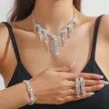 Silver bridal jewelry set with sparkling tassel necklace, bracelet and earrings - Silver Tassel Necklace Bracelet Earrings Set (PJ--T0275)