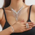 Sparkling silver rhinestone tassel jewelry set with V-shape necklace and ring - Silver Tassel V-Shaped Necklace Ring Bracelet Set (PJ--T0276)