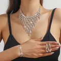 Silver bridal jewelry set featuring rhinestone fringe necklace, bracelet and earrings - Silver Mesh Tassel Necklace Bracelet Earrings Set (PJ--T0277)