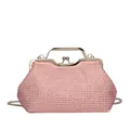 Elegant pink rhinestone evening clutch bag with silver metal handle and chain strap - Pink
