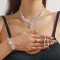 Elegant bridal jewelry set with silver rhinestones including necklace and bracelet - Silver Water Drop Pendant Necklace Bracelet Ring Earrings Set (PJ--T0281)