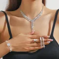 Sparkling silver bridal jewelry set with rhinestone necklace bracelet and ring - Silver Center Tassel Necklace Bracelet Ring Earrings Set (PJ--T0284)