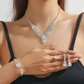 Elegant silver-colored bridal jewelry set with sparkling V-shaped necklace and bracelet - Silver V-Shaped Diamond Row Necklace Bracelet Ring Earrings Set (PJ--T0285)