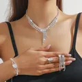 Elegant silver bridal jewelry set with marquise cut stones and fringe tassels - Silver Tassel Marquise Diamond Necklace Bracelet Ring Earrings Set (PJ--T0287)
