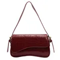 Retro burgundy crocodile pattern faux leather shoulder bag with wavy bottom design - Burgundy