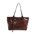 Grande borsa tote marrone scuro in pelle patchwork con eleganti spalline lunghe per pendolari - Marrone