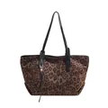 Grande borsa shopper leopardata in finta pelle scamosciata marrone con manici neri lunghi - caffè