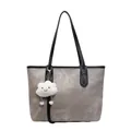 Grey minimalist tote bag with black leather straps and a white plush cloud charm accessory - No Pendant / Khaki
