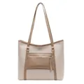 Bolso tote grande color crema y marrón con bolsillo frontal de cremallera y correas - Caqui Claro