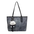 Grey textured tote bag with black leather straps and a white cloud plush charm - No Pendant / Blue
