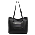 Bolso tote clásico de cuero negro con bolsillo exterior dorado y correas largas - Negro