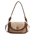 Borsa a spalla vintage in tela beige e pelle marrone scuro con chiusura a scatto dorata - Marrone