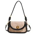 Borsa a spalla in tela beige con finiture in pelle nera e fibbia dorata vintage - Nero