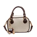 Retro cream leather small square handbag with dark brown handles and cute plush monster charm - Off White