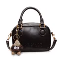Retro dark brown square handbag with metal hardware and plush monster charm - Coffee