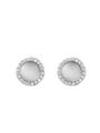 Macro shot of silver stud earrings featuring round cat's eye stones and pavé zircon halos - Silver Tone Cat's Eye Earrings (E0006)