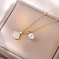 Elegant gold fan shell and pearl pendant necklace for women in jewelry display box - Gold Shell Artificial Pearl Necklace