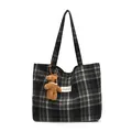 Retro plaid tote bag with plush bear charm and spacious canvas interior for commuting - With Pendant / Black Plaid