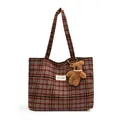 Retro plaid tote bag in brown and red patterns with a cute plush bear pendant accessory - With Pendant / Coffee Plaid