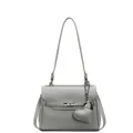Litchi pattern light grey Kelly style handbag with a cute heart pendant and top handle - No Pendant / Blue