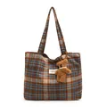 Plaid canvas tote bag in brown and blue with cute plush bear charm and long strap - With Pendant / Brown Grid