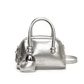 Silver metallic textured handbag with heart charm and logo in a minimalist design - With Ornament / Silver