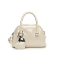Minimalist cream white glossy PU handbag with heart charm and detachable shoulder strap - With Ornament / White