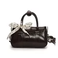 Chic dark brown glossy small square handbag with silk polka dot bow and top handle - Coffee