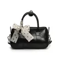 Black glossy Boston handbag with polka dot scarf and adjustable crossbody strap - Black