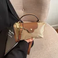 Chic beige nylon and brown leather mini tote bag with adjustable shoulder strap - Khaki