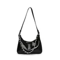 Moderne schwarze Lackleder Hobo Bag mit Silberkette und verstellbarem Schultergurt - Schwarz