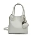 Light grey textured leather bucket bag with heart charm and adjustable shoulder strap - Without Heart Charm / Blue