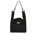 Chic black litchi grain leather square bag with trapezoid body and gold metal clasp - Large / Black