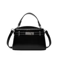 Bolso Kelly de charol negro brillante con herrajes plateados y asa superior - Negro