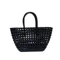 Fashionable black woven jelly tote bag with glossy finish and top handle design - Black