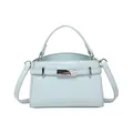 Elegant light blue glossy crossbody Kelly bag with silver buckle and top handle - Blue