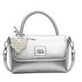 Silver metallic handbag with woven handle and pearl heart charm in elegant finish - With Pendant / Silver