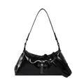 Retro black leather dumpling bag with gothic metal cross and chain strap detail - Black