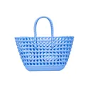 Bright blue woven jelly basket bag with hollow macaron design and double handles - Blue
