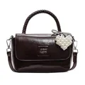 Dark brown leather handbag with woven handle, silver hardware and heart pearl charm - With Pendant / Black