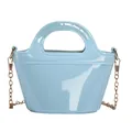 Fashionable light blue jelly handbag with golden chain strap and glossy finish - Blue