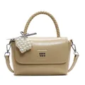 Fashionable beige women handbag with woven handle and pearl heart charm accessory - No Pendant / Yellow
