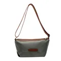 Grey oxford cloth shoulder bag with brown leather accents and adjustable strap for women - Green