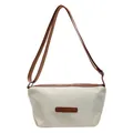 Beige oxford crossbody bag with brown leather accents and adjustable strap for women - Off White