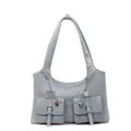 Minimalist light blue PU shoulder bag with dual handles and silver decorative chain - Gray