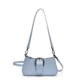 Elegant light blue underarm shoulder bag with bronze horseshoe buckle on white background - Leather Blue