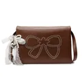 Brown bow crossbody bag with silver studs and pearl lace charm in matte PU leather - Brown