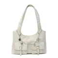 Minimalist beige PU leather shoulder bag with silver decorative chains and front flap pockets - Off White