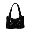 Black suede-texture Y2K shoulder bag with silver heart chain and dual flap pockets - Black